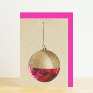 Kerst Kerstbal blanco Kerstkaart met roze envelop, A7/A6 kaart, eco vriendelijke fotografische print, gerecycleerde kaart, gerecycleerde envelop