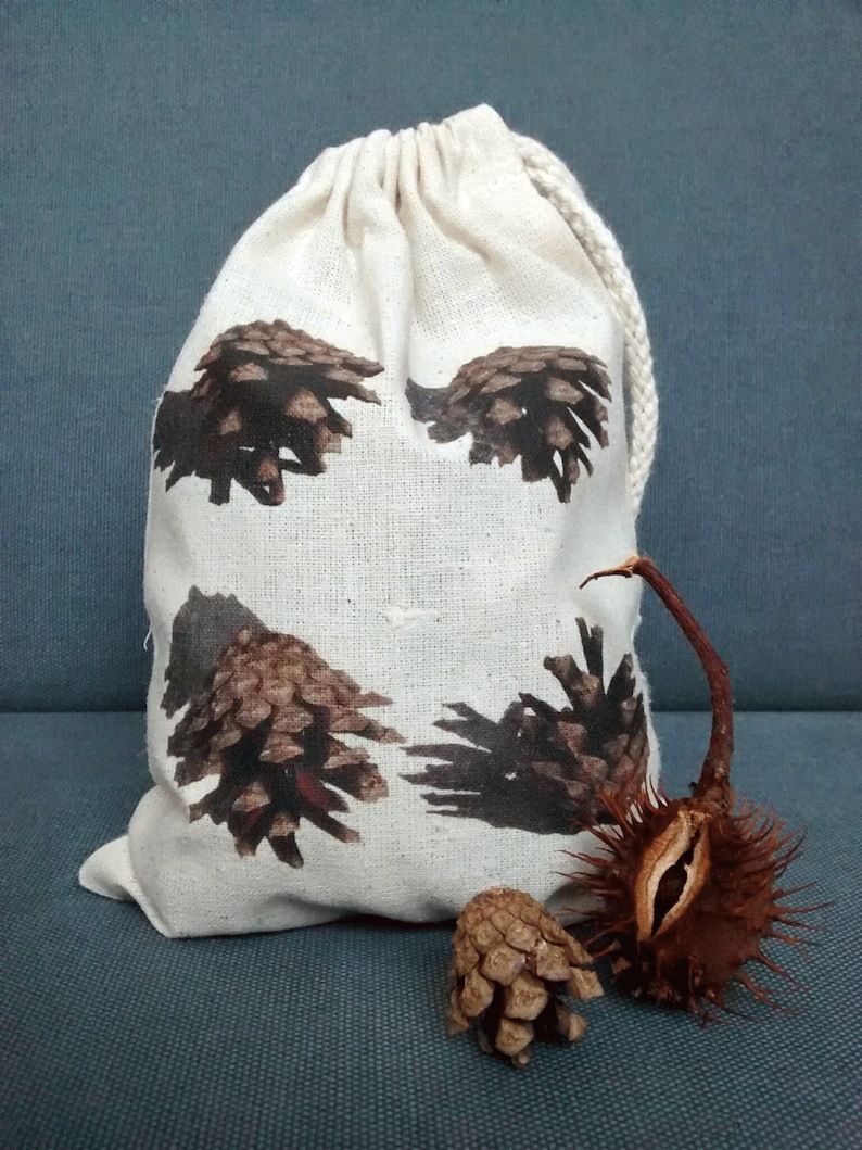 eco friendly cotton gift bag from Fairtrade factory water based photographic print Pine cone drawstring bag forest print Autumn print