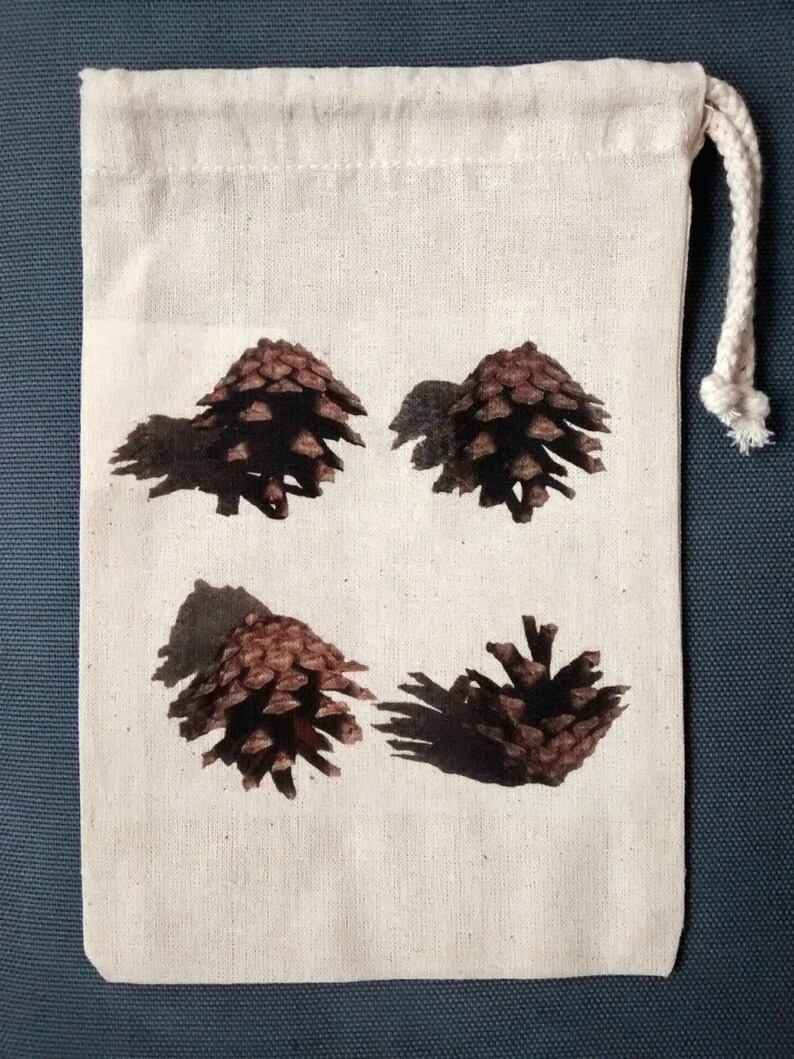 eco friendly cotton gift bag from Fairtrade factory water based photographic print Pine cone drawstring bag forest print Autumn print