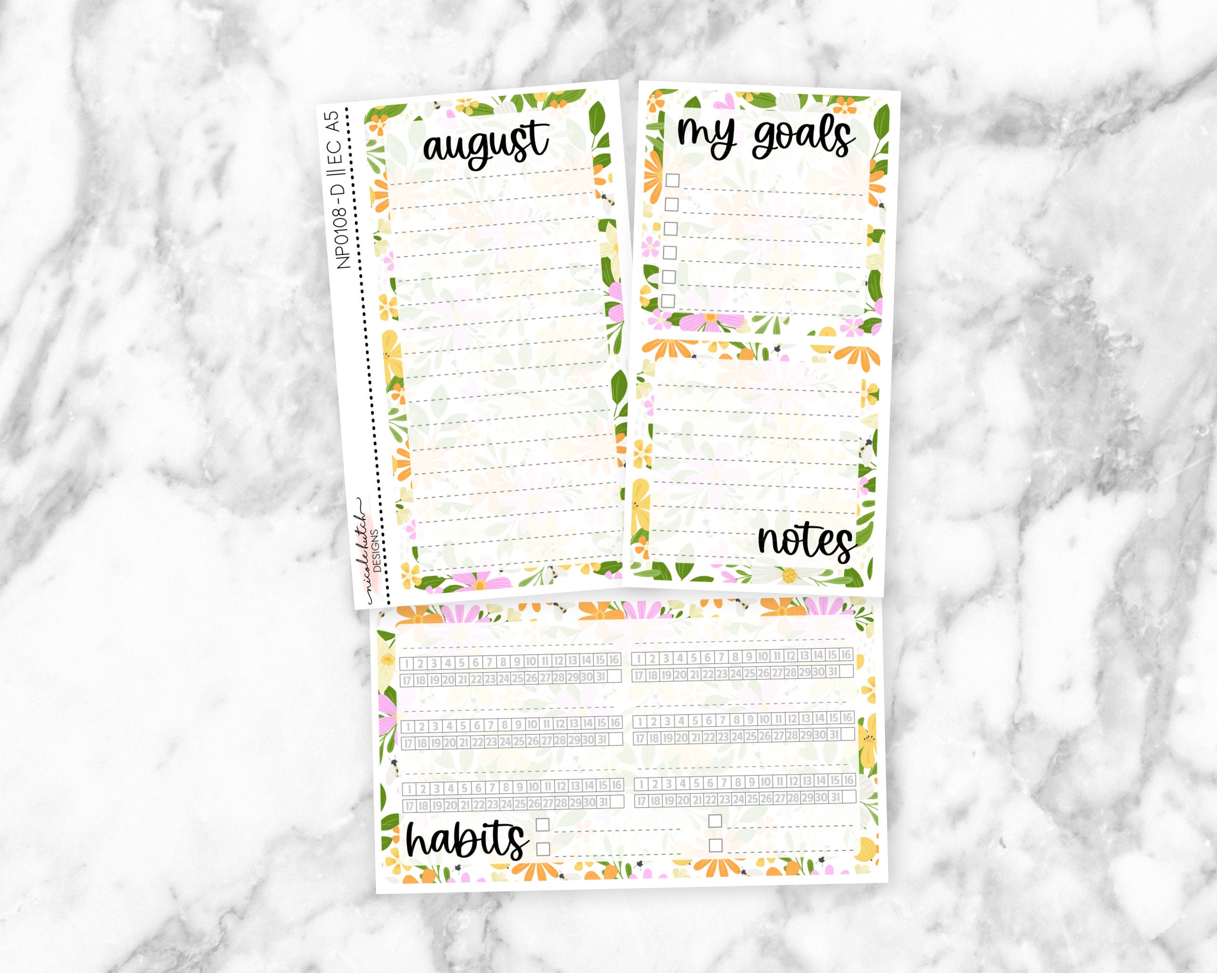 NP0108-D || EC A5 Coiled August Monthly Kit Planner Stickers for EC A5 Dashboard Notes Page - Daisy Collection - Matte Removable Labels