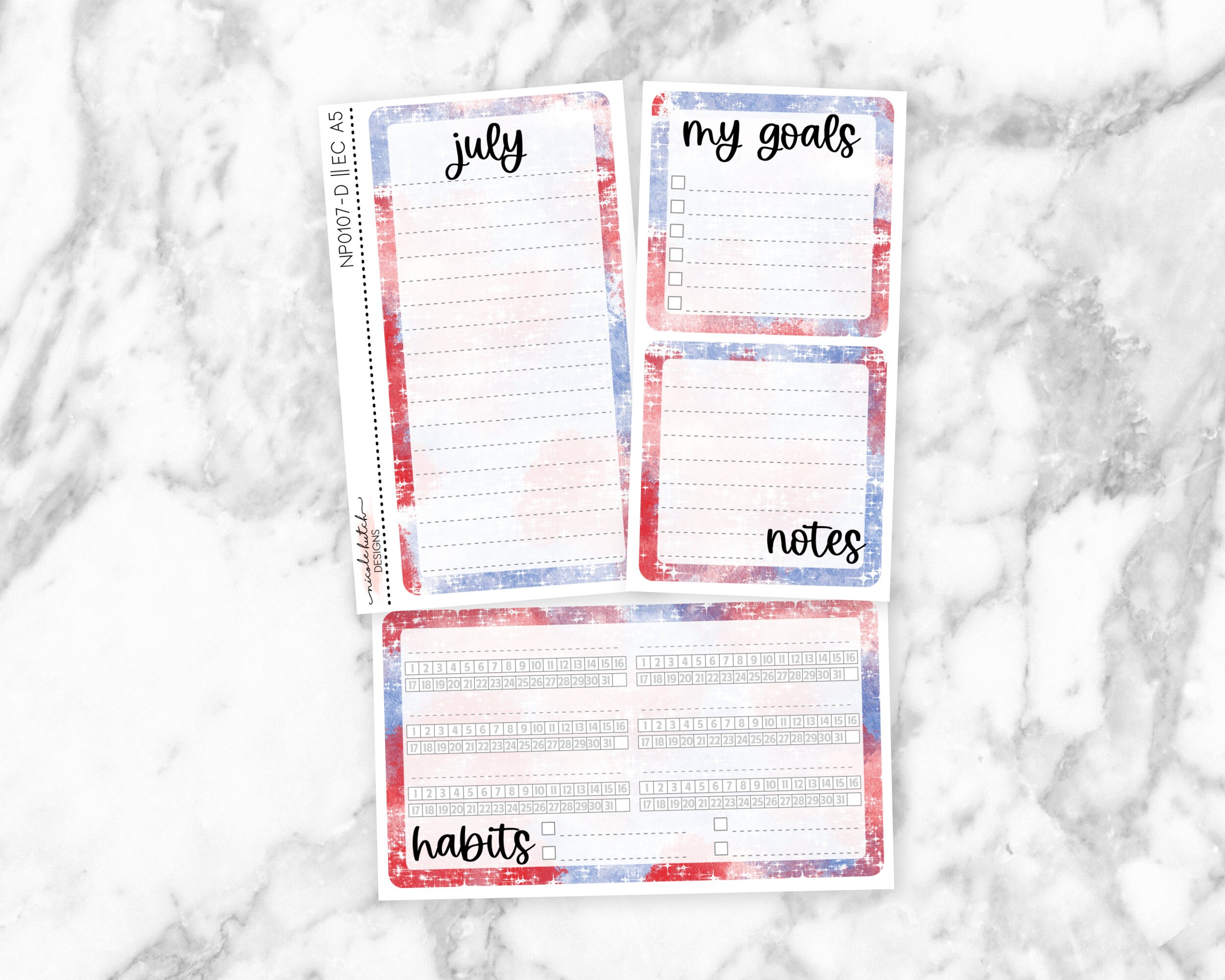 NP0107-D || EC A5 Coiled July Monthly Kit Planner Stickers for EC A5 Dashboard Notes Page - Patriotic Collection - Matte Removable Labels