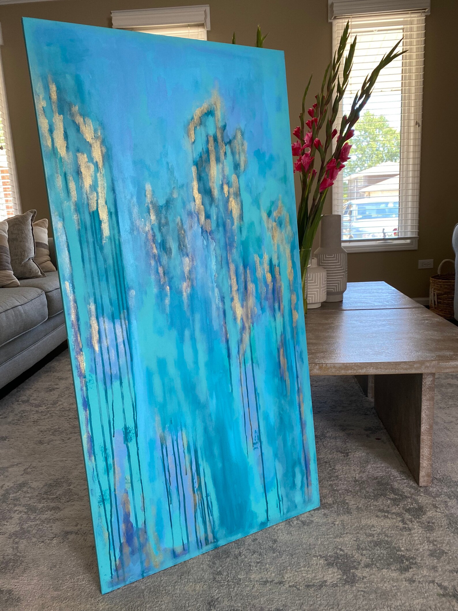 Teal Abstract Canvasblue Aqua Wall Artgold Blue Artwork Etsy