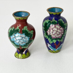 Mini Cloisonne Lotus Flower Brass Enamel Vases-Asian Tiny Vase - 2 Vintage Small Chinese Vases-Collectible Miniature Vase-Free Shipping
