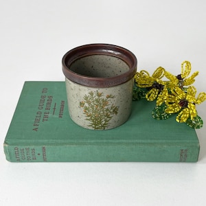 May include: A cylindrical ceramic crock with a speckled light gray finish, a dark brown rim, and a green botanical illustration on the front. It rests on a green hardcover book titled A Field Guide to the Birds, accompanied by yellow beaded flowers.