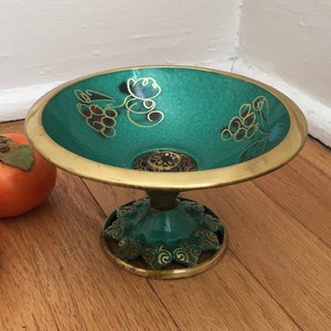 Mid Century Pedestal Tazza Bowl-Green Enamel Metal/Brass Footed Bowl-Made In Israel-Vintage Judaica Turquoise Embellished Dish-Free Shipping
