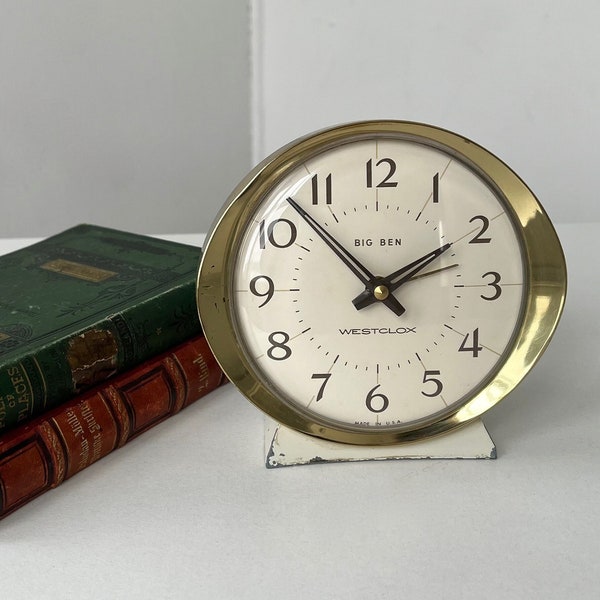 Vintage Big Ben Westclox Metal Alarm Clock- Style 8 White/Cream-Mechanical Wind Up Alarm Clock-Made In USA- Working Condition -Free Shipping
