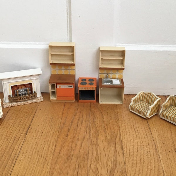 Lundby Vintage Dollhouse Furniture -7 Pieces -Kitchen Sink-Dishwasher-Stove-Fireplace-Piano-Sofa-Chair-Swedish Doll Furniture- Free Shipping