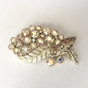 Vintage Rhinestone Leaf Brooch-Signed Coro Aurora Borealis- Gold Tone Swirl Pin - Rainbow Reflection-AB Rhinestones- Free Shipping