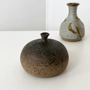 Vintage Studio Pottery Weed Neck Vase-Signed Bulbous Weed Pot - Earthy Speckled Brown & Black