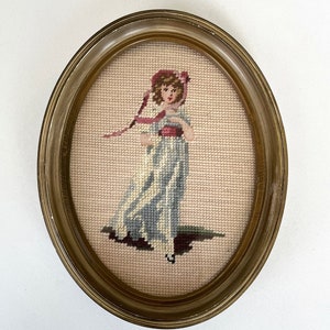 Vintage Oval Framed Victorian Girl Needlepoint-Pinkie Girl Needlework -Girl In Long Dress- Wood Frame With Glass- Wall Decor - Free Shipping