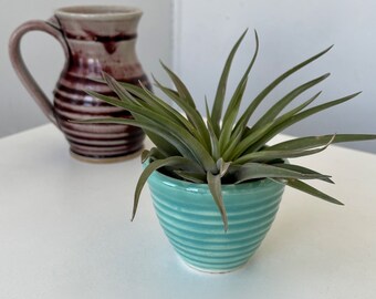 Vintage Tiny Ribbed Planter USA Pottery-Round Small Ceramic Succulent Planter-Mini Beehive Stoneware Bowl- Seafoam Mint Green- Free Shipping