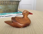 Vintage Wood Duck - Hand Carved Wooden Duck Decoy - Glass Eyes - Red Beak-Pointed Tail - Hunting Decoy - Primitive Duck