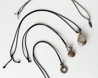 4 Vintage Pendant Necklaces On Cords-Boho Hippie Jewelry - Bottle-Pitcher-Circular Disk-Dagger Metal Charms -  Free Shipping