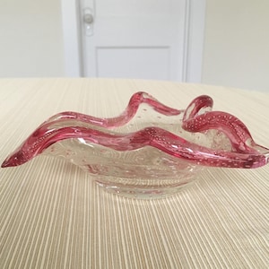 Vintage Pink Bubble Glass Bowl-Murano Bullicante Controlled Bubble - Mid Century Modernist Art Glass Dish - Abstract Flower Bowl -Rose/Clear