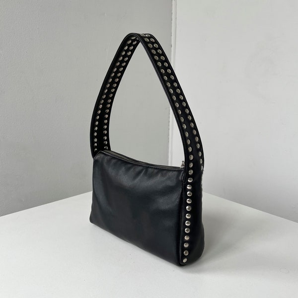 Vintage Nine West Black Studded Purse-Shoulder Baguette -Black Faux Leather Handbag With Studs -Slouchy Shoulder Bag- Free Shipping