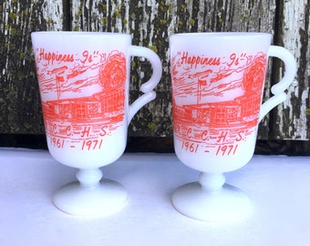 2 Vintage Milk Glass Coffee Mugs-School Graphics- "Happiness Is" 1961-1971- Tea Mugs-Memorabilia- North Chicago Community High School