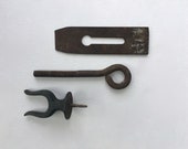 Lot Of 3 Antique Rusty Metal Industrial Hardware - Tool Parts - Cast Iron - Large Eye Bolt -Heavyweight Hook -Rustic -Repurpose -Art Project
