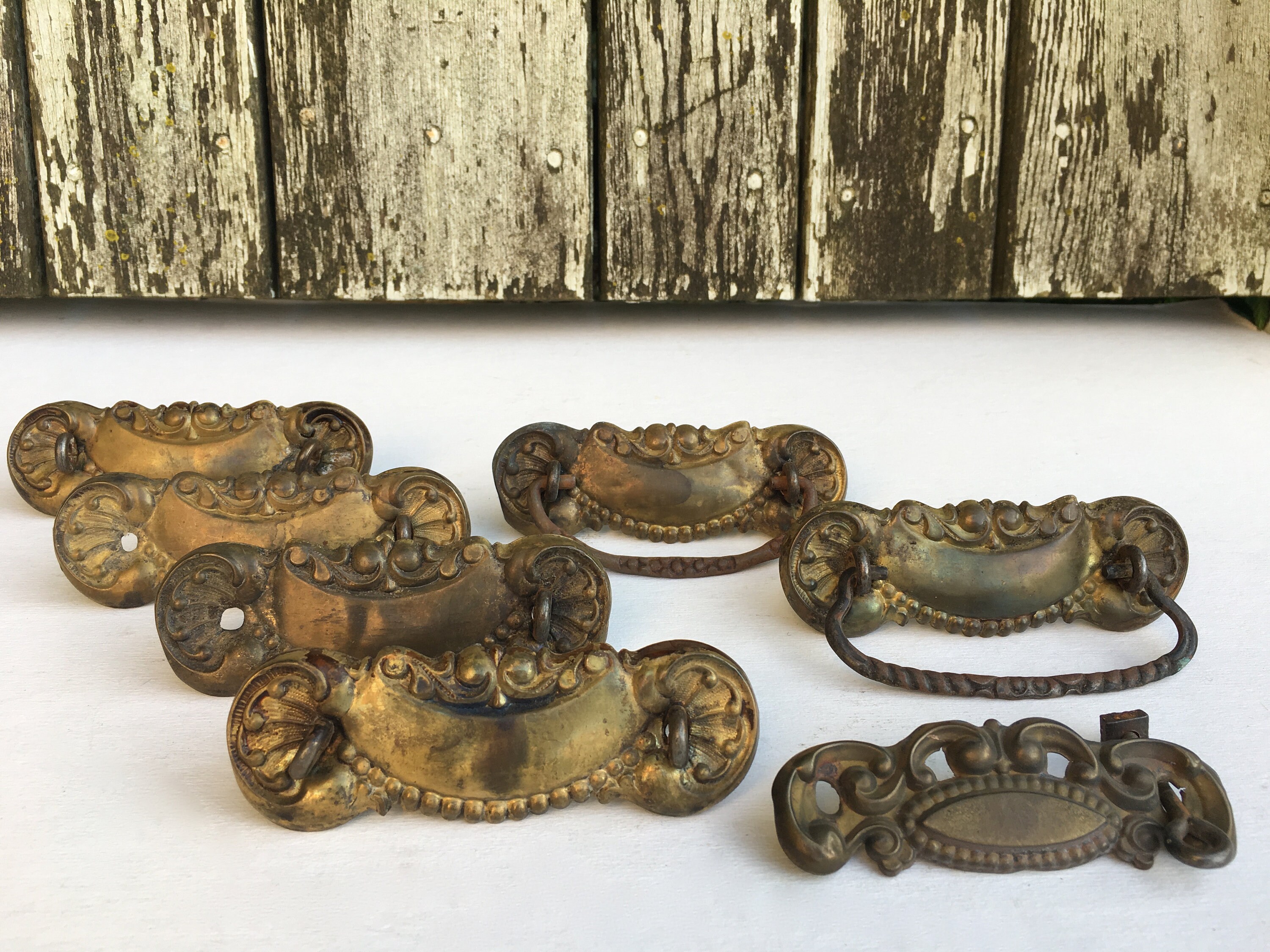 7 Vintage Antique Ornate Pressed Tin Metal Drawer Pulls Etsy