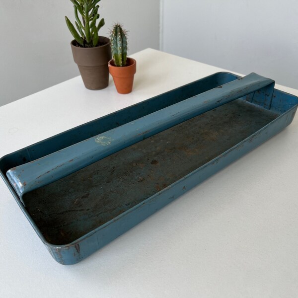 Vintage Toolbox Caddy Tray-Blue Metal Tool Caddy With Handle - Industrial Metal Tray - Salvaged Metal Storage - Rusty Metal Carrier