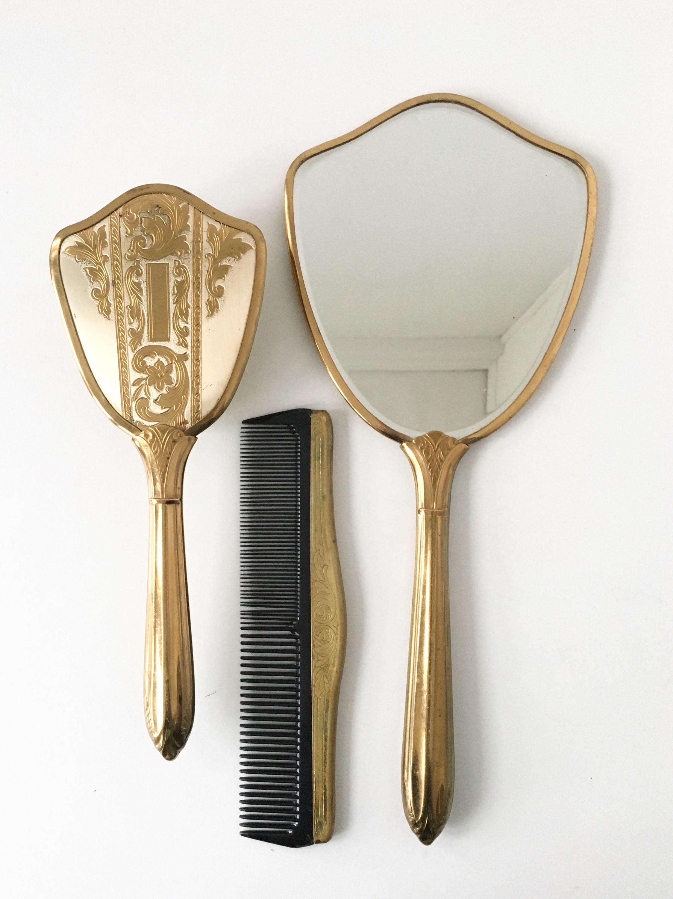 Vintage Gold Tone Vanity Set-mirror-hairbrush-comb-floral  display picture 3