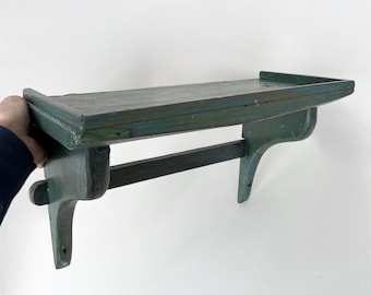 Vintage Primitive Wood Wall Shelf-Antique Farmhouse - Handmade Distressed Teal Paint Shelf