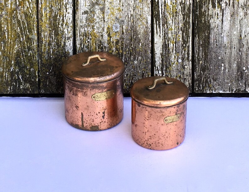 Set Of 2 Vintage Copper Kitchen Canisters Sugar Coffee Etsy