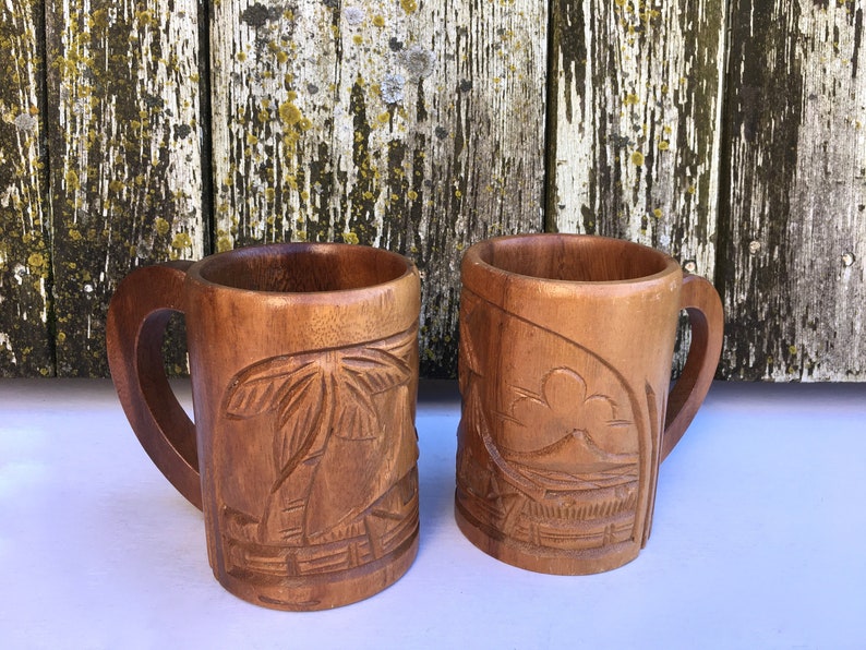 2 Carved Wood Mugs Tiki Mugs Made In Philippines Polynesian Wood Cup Wooden Barware Mugs With Handles Island Scene Palm Trees Tiki Bar