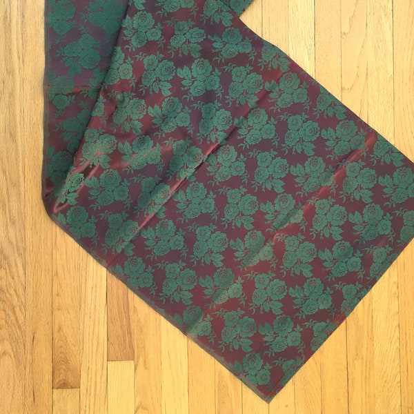 Vintage Green & Plum Damask Fabric -Green Roses-Purple Background - 2 Sections-4 Yards- Length Of Floral Satin Damask-Brocade -Free Shipping