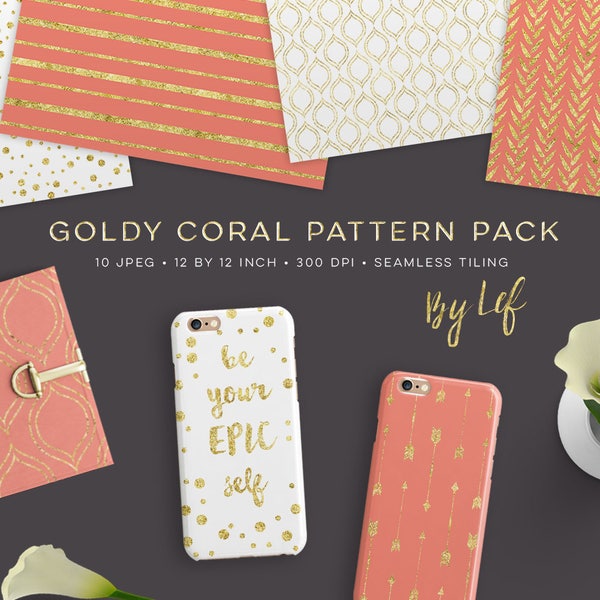 Coral and Gold Digital paper pack including white gold glitter / foil with arrows stripes, dots, confetti, geometric patterns printable cmyk