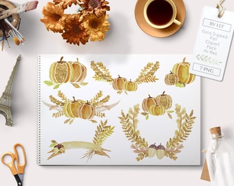 gold fall clipart, watercolor fall clipart, pumpkin clipart, halloween clipart, flower fall graphics, autumn clipart, autumn graphics,