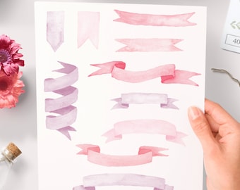 watercolor banner clipart, watercolor ribbon clipart, pink watercolor clipart, watercolour clipart, painted clip art, purple graphics,