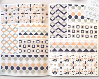 May include: A set of 10 digital paper patterns featuring geometric designs in shades of peach, gray, and navy blue. The patterns have a sparkly, glittery texture. The text "Sparky Sherbet Digital Paper Collection Hi-Res 10 JPEG" is visible in the image.