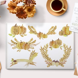 gold fall clipart, watercolor fall clipart, pumpkin clipart, halloween clipart, flower fall graphics, autumn clipart, autumn graphics, image 1