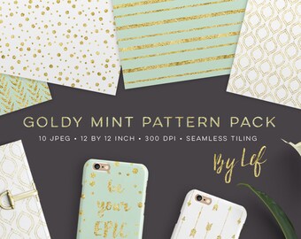 Gold and Mint Digital papers with arrows, stripes, dots confetti and leaves in mint and white for digital scrapbooking cards, invites tribal