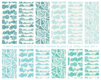 Könnte beinhalten: Zwölf digitale Papierdesigns in blauen Aquarellmustern. Die Muster umfassen Kreise, Wellen und geometrische Formen.