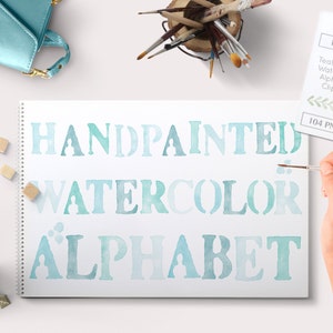 Aquarell Alphabet Cliparts (104 Stück) mint petrol aqua blau türkis. handgemalte Clip Art Buchstaben für Design Blogs Karten Printables Wandkunst