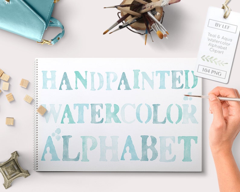 Watercolor alphabet clipart 104 pc mint teal aqua blue turquoise. hand painted clip art letters for design blogs cards printables wall art image 1