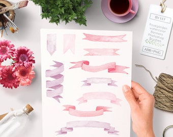 May include: Set of watercolor banners in pink and purple shades. The banners are in various shapes and sizes, perfect for adding a touch of elegance to your designs.  BY LEF Rose garden watercolor banners Photoshop brushes ABR+PNG
