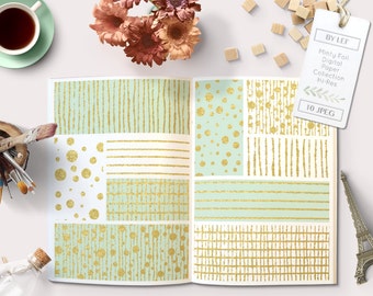 Mint und GoldFoil Digital Paper Patterns Pack. Digitale Hintergründe für Grafikdesign, Konfetti, Streifen und weitere Muster Sofort Download