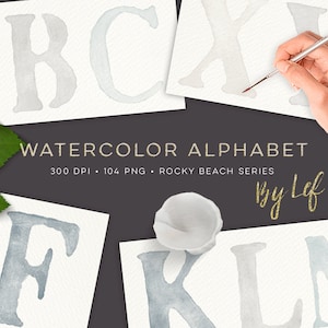 Watercolor alphabet clipart graphics beige and greyish blue natural. handpainted clip art letters for design blogs cards printables wall art