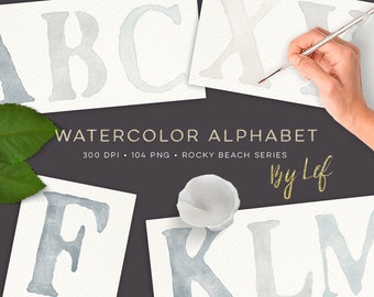 Watercolor alphabet clipart graphics beige and greyish blue natural. handpainted clip art letters for design blogs cards printables wall art