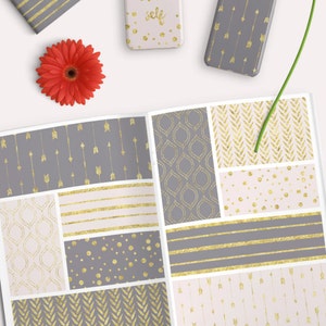 Gray and Gold Digital Paper Pack. Seamless patterns gold foil arrows, stripes and more for scrapbooking, backgrounds, making cards etc.