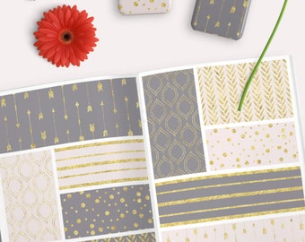 Gray and Gold Digital Paper Pack. Seamless patterns gold foil arrows, stripes and more for scrapbooking, backgrounds, making cards etc.