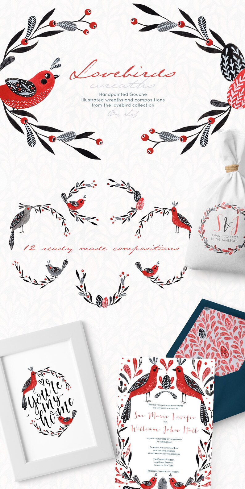 May include: A set of 12 digital illustrations featuring hand-painted wreaths and compositions with red and black lovebirds. The illustrations are titled "Lovebirds Wreaths" and are by Lef. The text "12 ready made compositions" is also included in the image.
