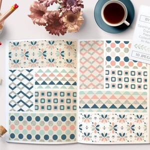 Puede incluir: Libro abierto que presenta una colección de diseños de papel digital con varios patrones. Los diseños incluyen patrones florales, geométricos y de lunares en colores turquesa, rosa, plateado y crema. La etiqueta dice "Sparkly Douce Digital Paper Collection Hi-Res".