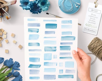 May include: A set of 20 blue watercolor brush strokes in various shades of blue, arranged in a grid on a white background. The strokes are square and rectangular in shape. The text "BY LEF Blues watercolor brush strokes squared PS Brushes" is visible in the upper right corner of the image.
