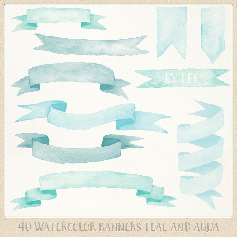 Watercolor clipart ribbons and banners 40 pc mint teal aqua turquoise. hand painted for logo design, blogs, cards, printables, wall art image 2