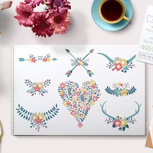 Vector Floral Clip Art Flower Heart great for valentines day. Antlers Wreaths Arrows, Laurels. Perfect for cards and scrapbooking