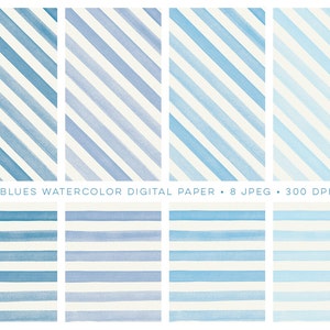 watercolor stripe digital paper, watercolor background, watercolor stripes clipart, blue watercolor, watercolor printable, watercolor paper image 1