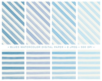 watercolor stripe digital paper, watercolor background, watercolor stripes clipart, blue watercolor, watercolor printable, watercolor paper
